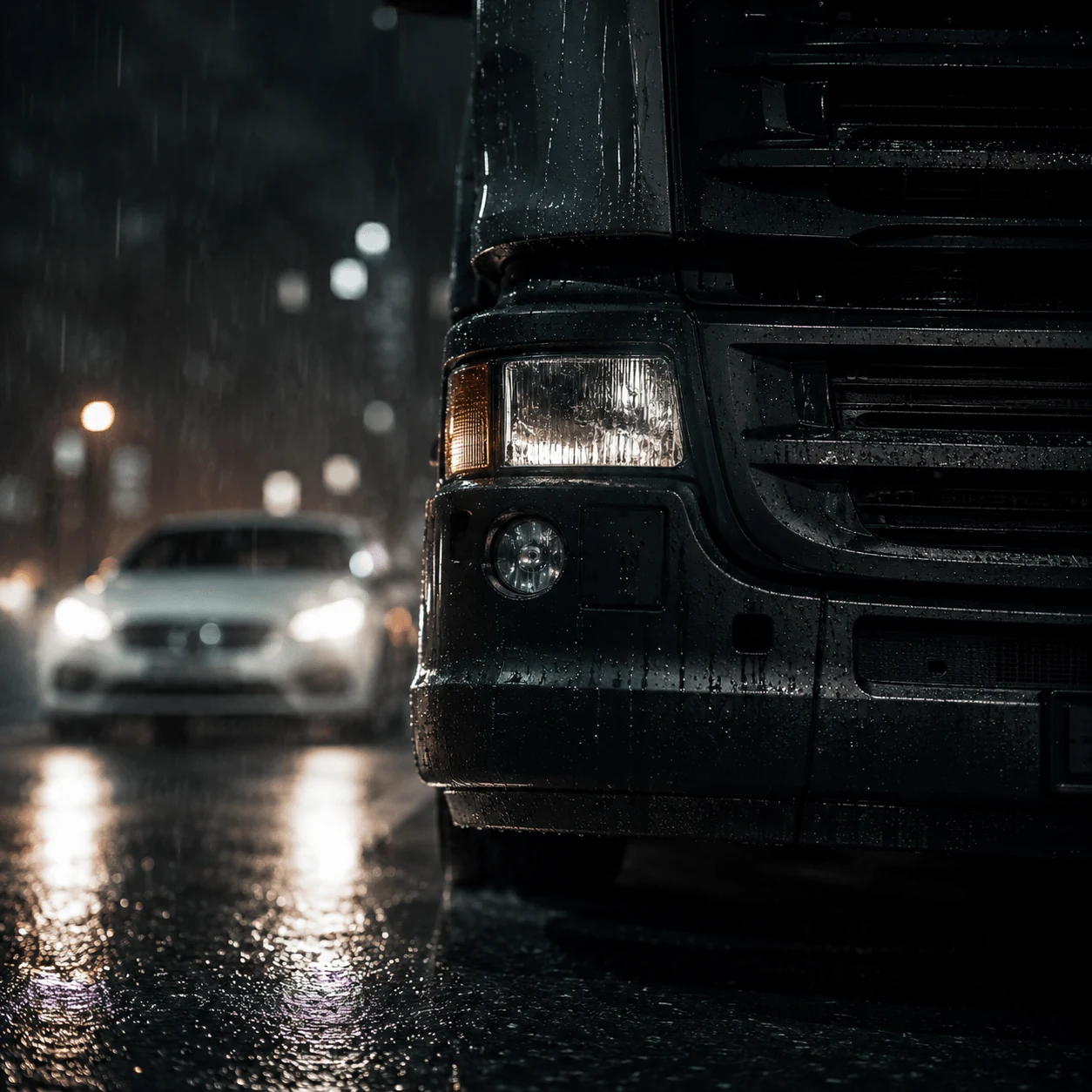 Camión de carga circulando de noche bajo la lluvia, una escena asociada a la seguridad del transporte y la prevención de encerronas