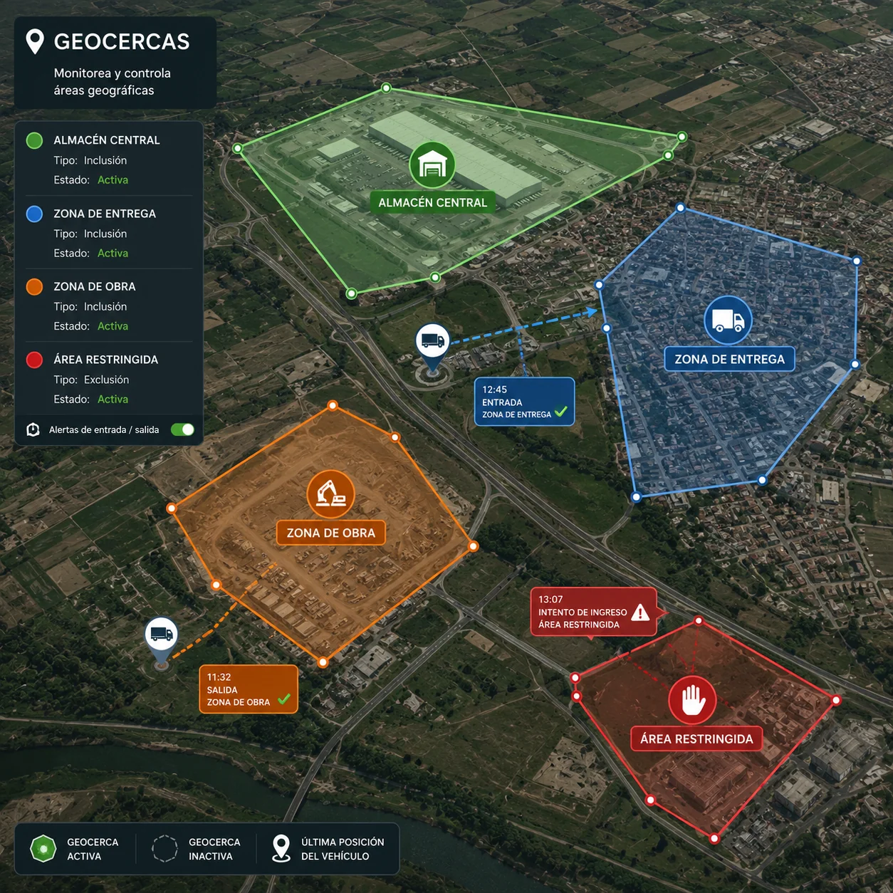 Vehículo monitoreado mediante geocercas y alertas GPS en una plataforma digital
