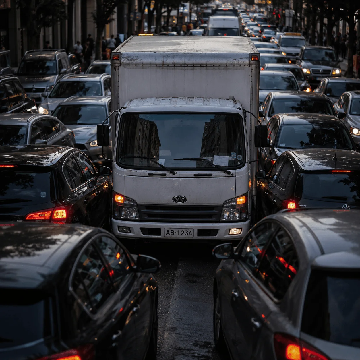 Camión de reparto atrapado en la congestión urbana de Santiago
